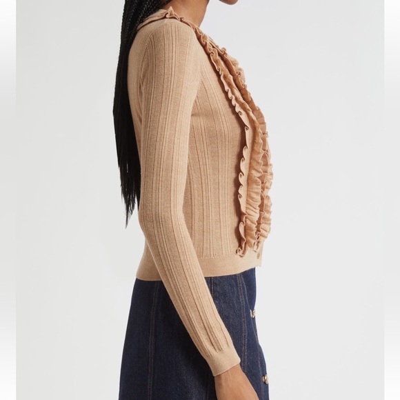 NEW Ulla Johnson Maryel Ruffle & Lace Merino Wool Cardigan in Camel Melange - Picture 3 of 11